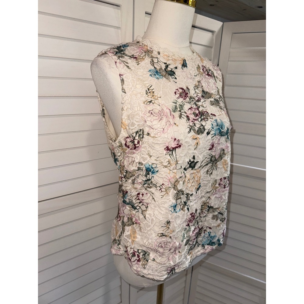 Nanette Lepore Floral Lace Top Womens Ivory Sleeveless Back Zip Shell Size M - Picture 3 of 7